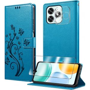 JGD-Coque pour Honor X5c/X5c Plus avec 1 Verre Tremp&eacute;,1 Protection Camera,&Eacute;tuis Rabat [Housse en Cuir PU][Fentes pour Cartes][Pochette de Portefeuille][Stand Feature]- Bleu - Neuf