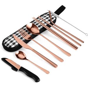 Checarzhn--No1-Ensemble De Couverts En Acier Inoxydable, 10 Pièces De Couverts Camping Avec Boite A Couvert Pique-Nique, Ustensiles De Cuisine Pour Voyage, Camping, École, Bureau (Or Rose) - Neuf