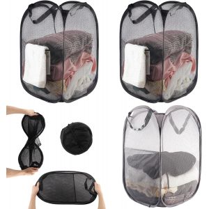 MEVRONISSHOP-Panier &agrave; Linge, 3 Pi&egrave;ces Pop Up Panier Linge Sale Sac Panier &agrave; Lingerie avec Poign&eacute;e pour Salle de Bains Camping Dortoir et Voyage Lingerie Noir 36 * 36 * 58 cm - Neuf