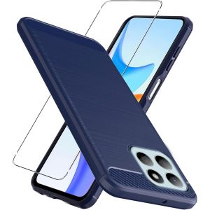 Verre Tremp&eacute; Pour Honor X8b 4g Coque Bleu Fibre De Carbone + Verre Tremp&eacute; Film Protecteur - Souple &Eacute;tui Carbon Fiber Housse Case Cover Pour Honor X8b 4g (6.7") - Neuf