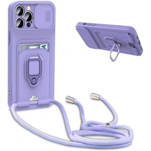Ayu-Coque Avec Cordon Pour Iphone 13 Pro,Collier Pour Étui Colliers De Cellulaire Réglable Corde Silicone Souple Case,Protection De La Caméra,Support,Porte Cartes - Violet - Neuf