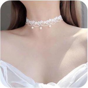 Kal-Vintage Collier Ras Du Cou En Dentelle Noir Collier En Dentelle Gothique Punk Pampilles Noir Perles Pendentifs Collier Ras Du Cou Princesse Mariée Dentelle Lolita Collier Bijoux Pour Femmes - Neuf