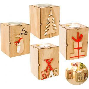 En bois de No&euml;l, bougeoirs, Ensemble de 4 en Bois de porte-Bougies &agrave; R&eacute;chaud, Rustique, de Forme Carr&eacute;e, Ensemble, Arbre de No&euml;l, des Wapitis, des chandeliers pour les f&ecirc;tes de No&euml;l, D&eacute;coration de M - Neuf