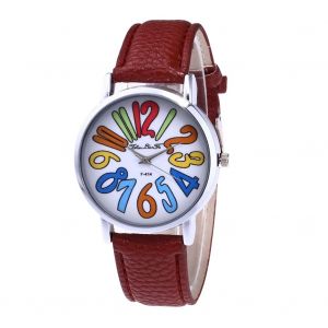 Montre A Quartz Zhoulianfa F-414 Pour Etudiantes, Bracelet En Cuir, Style Coreen, Lettres Colorees, Marron - Neuf