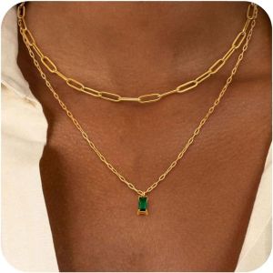 Kal-Collier Or Femme Plaquée Or Superposé Acier Inoxydable Réglable Pendentif Chaîne Satellite Papillon Vert Cz Ensemble De Colliers Pour Femmes - Neuf