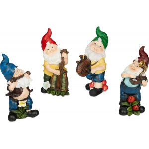 MEVRONISSHOP-Lot 4 Nains de Jardin Musiciens, résistant aux intempéries et Gel, Figurine, résine Artificielle, Multicolore - Neuf
