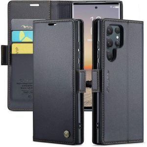 Kal-Coque Pour Samsung Galaxy S25 Ultra+ 2 Pièces Verre Trempé,Antivol,Prend En Charge Le Chargement Sans Fil, Pochette Fermeture Magnétique Flip Case- Noir - Neuf