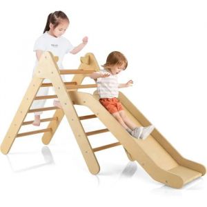 Costway Toboggan Enfant 2 En 1 Avec Triangle D'escalade En Bois Massif, Pente De Toboggan Réglable, 1 An +, Charge 60 Kg Naturel - Neuf