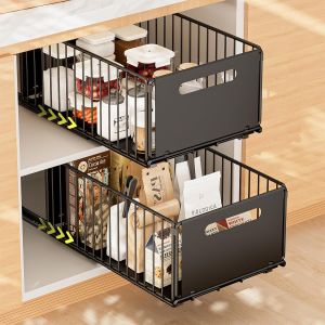 Mevronisshop-2 Pi&egrave;ce Tiroir Coulissant Cuisine Organiseurs De Tiroirs De Cuisine Organiseur D'armoire Coulissant Fix&eacute; Bac Coulissant Placard Aucun Per&ccedil;age Ni Clouage Requis, 38x25x19 Cm(Noir) - Neuf