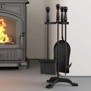 5 Piece Cast Iron Fireplace Accessory Set Black with Handle and Stand 19.5 x 17 x 47 cm - Neuf