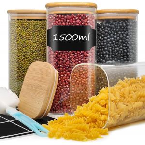 Tianyi-Bocaux En Verre 1.5l, Lot De 4 Bocal En Verre Avec Couvercle Herm&eacute;tique, Pot Verre Boite Rangement Cuisine Pour Cereali Bonbons P&acirc;tes Haricots Grains C&eacute;r&eacute;ales - Neuf