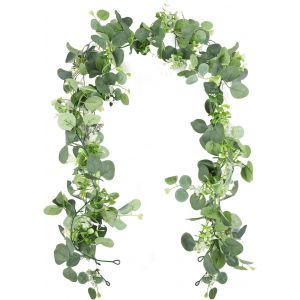 KALANKA-Guirlande Fleurs Artificielles Eucalyptus 1,8m &iquest; Guirlande Verte avec Feuilles et Fleurs Blanches pour Mariage, Table, Arche, Chemin de Table, Salon, Mur - Neuf