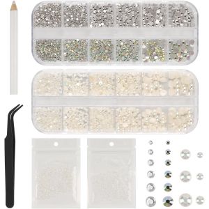 Kal-Lot De 5 820 Pierres Strass Pour Ongles Et Perles Semi-Circulaires, Strass En Cristal Ab À Dos Plat Avec Pince À Épiler Et Stylo Pour Ongles/Bricolage (Plusieurs Tailles Et Couleurs) - Neuf