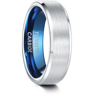 Kal-Bague En Tungst&egrave;ne Unisexe Noir/Bleu Argent&eacute;, 4 Mm/6 Mm/8 Mm De Large, Design En M&eacute;tal Bross&eacute;, Bords Obliques, Bijoux Pour Homme/Femme Dans Diff&eacute;rentes Tailles - Neuf