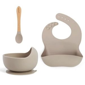 Kit B&eacute;b&eacute; En Silicone : Bol Et Cuill&egrave;re, Ventouse, Bavoir En Silicone, Marron - Neuf