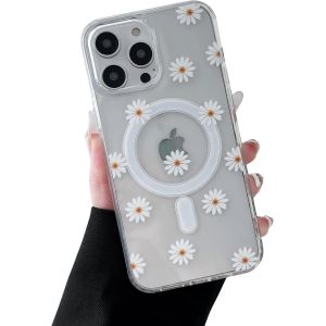 SJZG-Coque Magn&eacute;tique Pour Iphone 15 Pro Max, &Eacute;tui Souple Transparent Avec Motif Fleurs [Compatible Avec Magsafe Charge Sans Fil], Coque R&eacute;sistant Pour Iphone 15 Pro Max 6,7""- Marguerite - Neuf