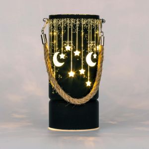 KAL-Lanterne De Noël Décorée De 22 Cm - Lampe De Table - Tube En Verre Gravé - Noir - Cylindre De Noël - Guirlande Lumineuse Led À Piles - Décoration De Table - Neuf