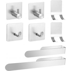 Set Porte-Serviettes De Bain,8 Pi&egrave;ces,Porte-Serviettes De Bain,En Acier Inoxydable,Ensemble D'accessoires De Salle De Bain,Contient Porte-Serviettes Autocollant,Crochets Adh&eacute;sifs,Pour - Neuf