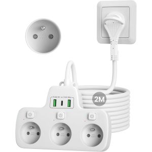 JGD-Multiprise Extra-Plate,Multiprise 3 Prises Fran&ccedil;aise Frontales avec Terre 16A 2P+T,Prise Multiple Murale USB Chargeur,Triplette Electrique Interrupteur Individuel Fiche Plate 2M Rallonge Cordon,B - Neuf