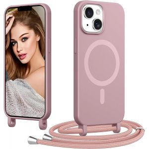 JGD-pour iPhone 14 avec Cordon, [Compatible avec MagSafe] Magn&eacute;tique Coque Ultra Mince Souple TPU Silicone &Eacute;tui Housse avec Collier Lanyard Lani&egrave;re en Corde Case Camera Antichoc, Rose - Neuf