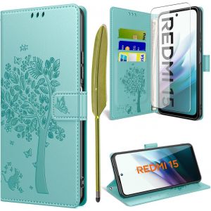 LORANKA-Coque pour Xiaomi Redmi 15 4G / 5G avec Verre Tremp&eacute;, &Eacute;tuis Rabat Folio Anti-Choc Protection Housse Cuir PU Portefeuille [Fermeture Magn&eacute;tique][Emplacements Cartes][Stand Feature] - Vert - Neuf