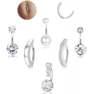 6pcs 14g Piercing Nombril Acier Chirurgical Pour Femmes Argent/Or Anneaux De Nombril Grossesse Cz Clicker Piercings Au Nombril Bijoux - Neuf