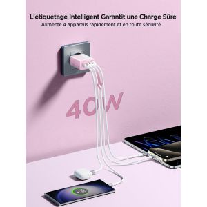 Chargeur Usb Multiple,4-Port Prise Usb 40w Qc 3.0 Bloc Chargeur Rapide Pour Iphone Series,Samsung,Huawei,Xiaomi,Google,Telephone,Multiprise Usba Embout Adaptateur Multi Secteurusb Murale Rose - Neuf