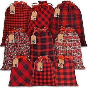 9pcs De No&euml;l Cordon De Serrage Sacs-Cadeaux R&eacute;utilisables Buffalo Plaid De No&euml;l Cordon D'emballage Des Sacs De Petit Moyen Grand No&euml;l En Tissu Sacs Pochettes Kraft - Neuf
