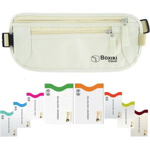 CAUC-Ceinture Porte-Monnaie Beige avec Ensemble de Manchons RFID - Pochette de Voyage S&eacute;curis&eacute;e pour Prot&eacute;ger Argent, Cartes de Cr&eacute;dit et Documents pour Hommes et Femmes - Neuf