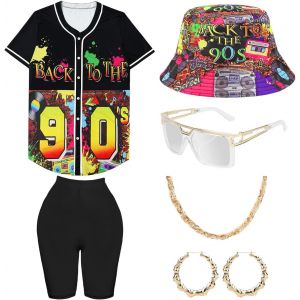 Kit D&eacute;guisement Ann&eacute;e 80 90 Femme Leggings Yoga, Hip Hop Amples Vetement, Lunettes Chapeau De Seau Boucles D'oreilles Collier, Costume Annees 80 90 Accessoires, Chemise Baseball Shirt - Neuf