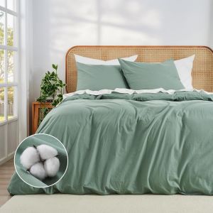 Sjzg-Housse De Couette 135x200 Coton Vert Sauge Ultra-Doux 100% Coton Pr&eacute;-Lav&eacute; Oeko-Tex &Eacute;t&eacute; 1 Housse De Couette 135x200 + 1 Taie 80x80 Avec Fermeture &Eacute;clair - Neuf