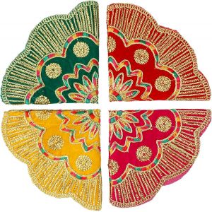 Sjzg-Lot De 4 Tapis Aasan Ronds En Velours Avec S&eacute;quence Pour D&eacute;coration Traditionnelle Indienne Traditionnelle Et Polyvalente (Taille : 25,4 Cm) (Rouge + Orange + Vert + Jaune) - Neuf