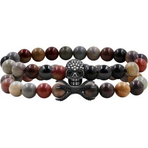 Kal-Bracelets Élastiques À Deux Couches Avec Crânes Pour Femmes Et Hommes, Perles De Jasper Naturel Des Usa, Ensemble De 2, Bijoux De Mode Confortables Pour Halloween - Ya5150 - Neuf
