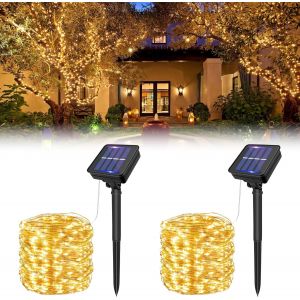 BHHBB-Guirlande Solaire Exterieur 15M+2M 150LED Guirlande Lumineuse Solaire Étanche 8 Modes Blanc Chaud, Lumiere Solaire Exterieur Decorative pour Jardin Terrasse Cour Noël Mariage, Lot de 2 - Neuf