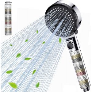 KAL-Pommeau De Douche 5 Modes Avec Bouton D'Arrêt D'Eau, Douchette À Main Haute Pression Économe En Eau Et Anticalcaire Avec Filtre, Pommeau De Douche G1/2 Pouces Pour Salle De Bain, Chrome - Neuf