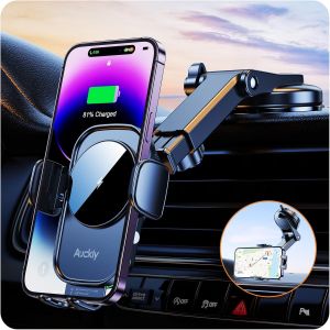15 W Qi Induction Car Phone Holder, Fast Wireless Car Accesory, Fast Automatic Suction Cup For Iphone 12/13/14/15/16 Pro Max Mini Plus (Suction Cup) (Black) - Neuf