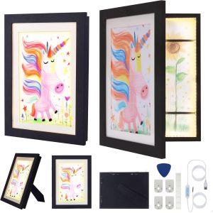 Lot de 2 Cadres A4 pour Dessin Enfant &agrave; changer, &Eacute;clairage LED et variateur USB, Stockage 150 Feuilles, 3 Couleurs (Noir, Blanc, Bois) &iquest; Cadre bois polyvalent: Dessin enfant, Cadre lumineux, Photo A4. - Neuf