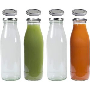 MEVRONISSHOP-Lot de 4 bouteilles en verre 500 ml avec 8 couvercles argent&eacute;s avec &eacute;tiquettes - Neuf