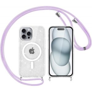 SJZG-Couqe Magn&eacute;tique Pour Iphone 16 Pro Max Con Cordon 6,9"", Compatible Avec Magsafe, Transparent Glitter Paillet&eacute; Antichoc Anti-Rayures Housse R&eacute;glable Collier Case Pour Iphone 16 Pro Max, Bleu - Neuf