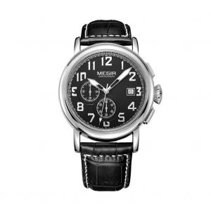 Megir Mode Hommes M&eacute;tal &Eacute;tanche Montre Bracelet En Cuir Ajustable Accessoire (Noir + Blanc) - Neuf