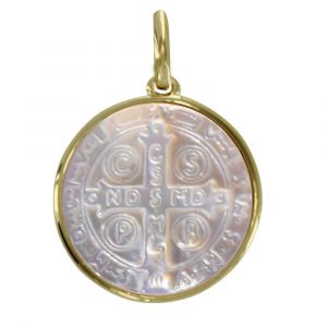 Les Poulettes Bijoux - Pendentif Plaqu&eacute; Or Et Nacre M&eacute;daille Ronde Croix De Saint Benoit - Neuf