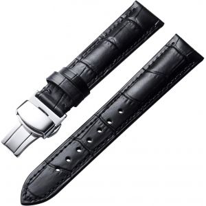 Bracelet De Montre En Cuir Femme Homme 21 Mm Bracelet De Remplacement Avec Boucle De Déploiement Papillon - Noir-Boucle Argentée - Neuf