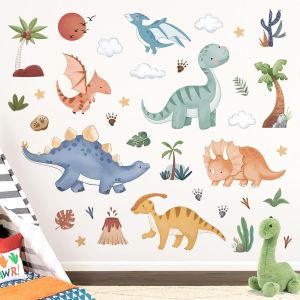 Stickers Muraux Dinosaure B&eacute;b&eacute; Boho Autocollant Mural Dino Tropical Palmier D&eacute;coration Murale Chambre B&eacute;b&eacute; Gar&ccedil;on Salle de Jeux Mur - Neuf