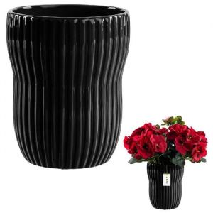 Vache, Pot De Fleurs, Vase En C&eacute;ramique Cannel&eacute;e &Oslash;13cm H 16cm Noir Brillant &Eacute;l&eacute;gant - Neuf
