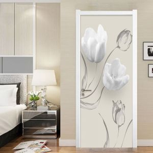 Autocollant de porte effet 3D floral blanc (77x200cm), autocollant d'intérieur en PVC pour la décoration des murs du salon, de la cuisine, de la chambre à coucher et de la salle de bain - Neuf