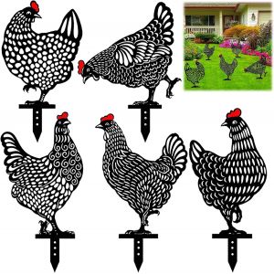Lot de 5 décorations de jardin en forme de poule réaliste, décoration de jardin en acrylique creux, motif poule noire, ornements de pelouse d'extérieur - Neuf