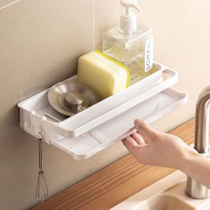 MEVRONISSHOP-Porte Eponge Evier Cuisine, Auto-adh&eacute;sif Rangement en ABS pour Savons, Multifonction &Eacute;gouttoir avec 2 Crochets et &Eacute;tag&egrave;re &agrave; Serviettes - Neuf