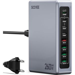 JGD-Chargeur USB C 260W, 8 en 1 Chargeur Rapide, GaN III PPS Station de Charge PD100W Port/QC45W USB A, Laptop Alimentation Compatible avec MacBook Pro/Air/iPad/iPhone 15/16/Galaxy S23/Smartphones - Neuf