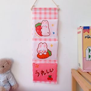 Hjlian Sac De Rangement Mural En Tissu, Pochettes De Rangement Murales, Decoration Pour Dortoir, Chevet, Placard, Petit Lapin Fraise - Neuf