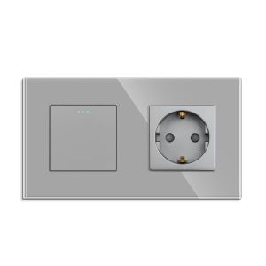 Interrupteur mural &agrave; bascule avec prise Schuko - Gris - Encastr&eacute; - 1 compartiment 1 voie - Avec plaque en verre - Avec points fluorescents - 10 A - 250 V - Neuf